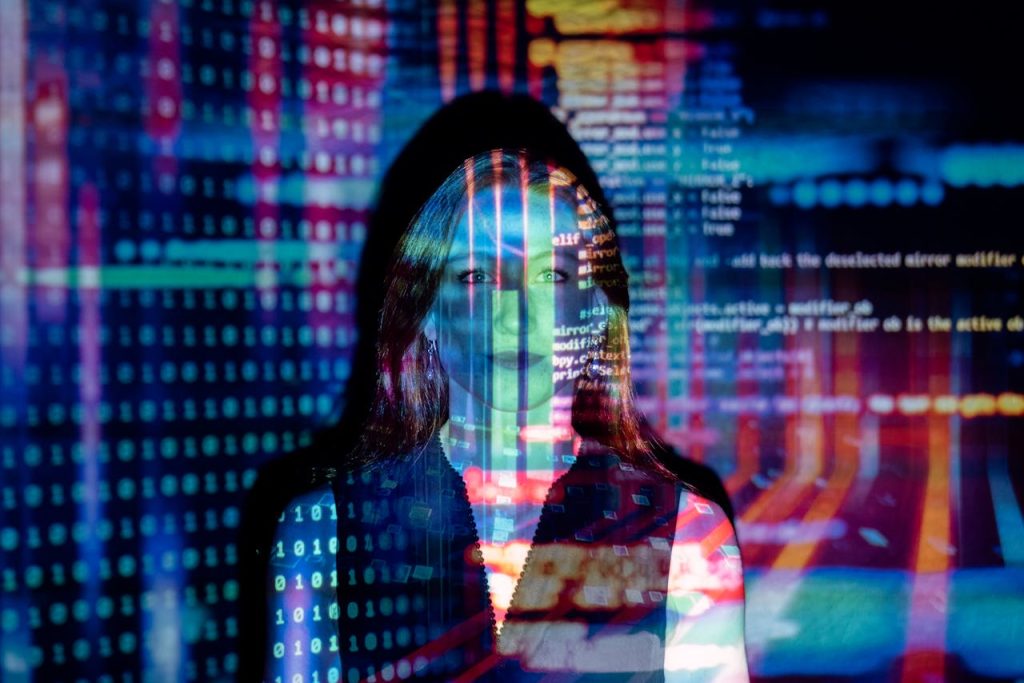 A woman overwritten with code